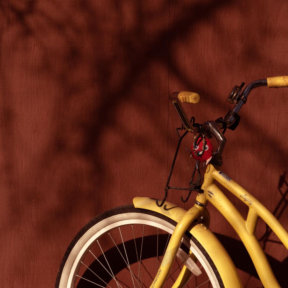 Yellow bicycle front and wheel against red wall with tree-branch shadows